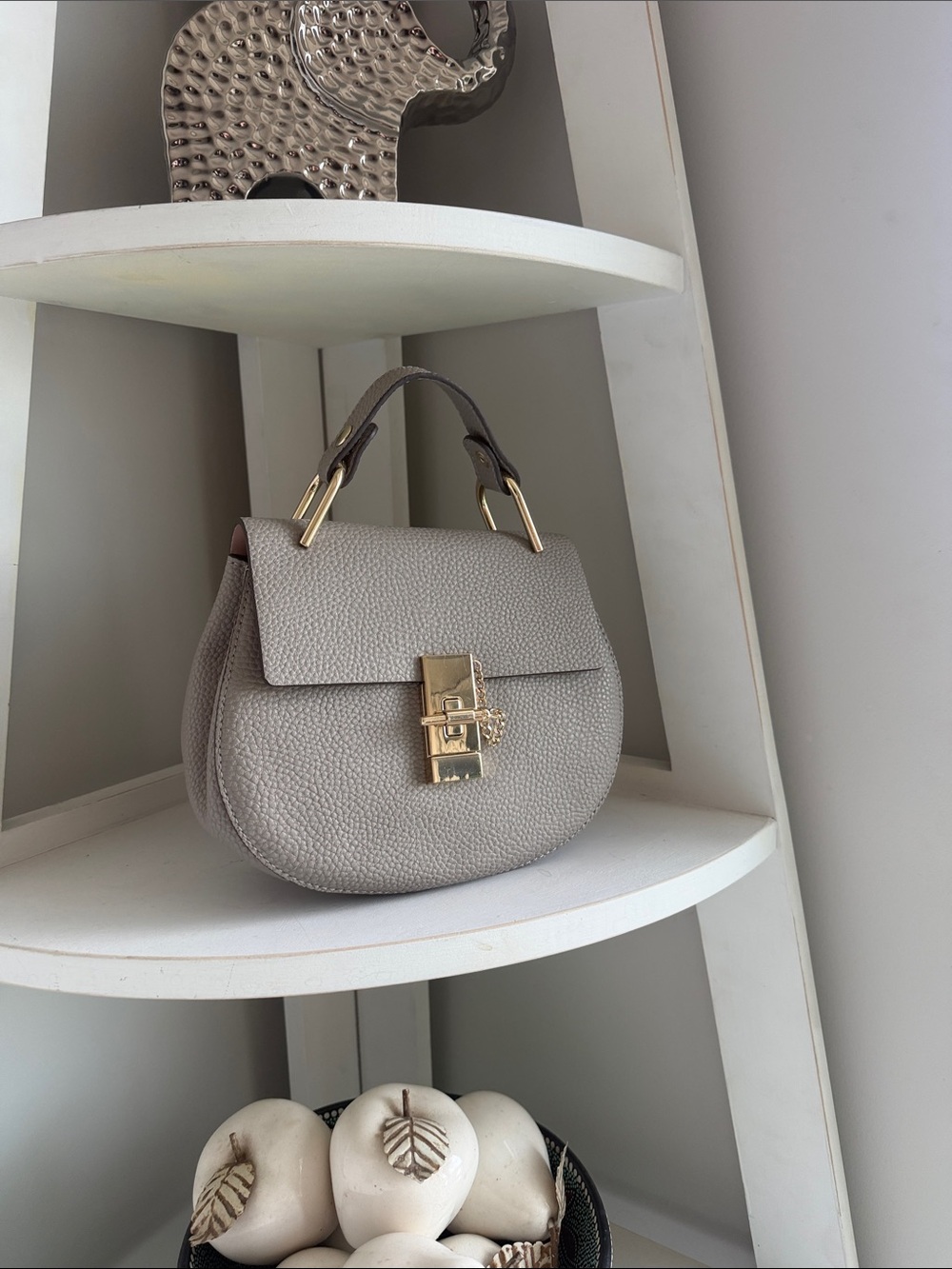 Top-Handle Pebbled Leather Satchel in Light Gray